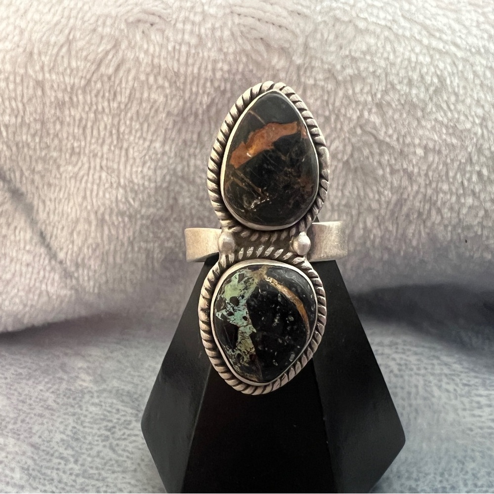 ❤️ Rare BlackJack Turquoise 2 Stone 926 Adjustable Navajo Ring 9.5gm Unisex